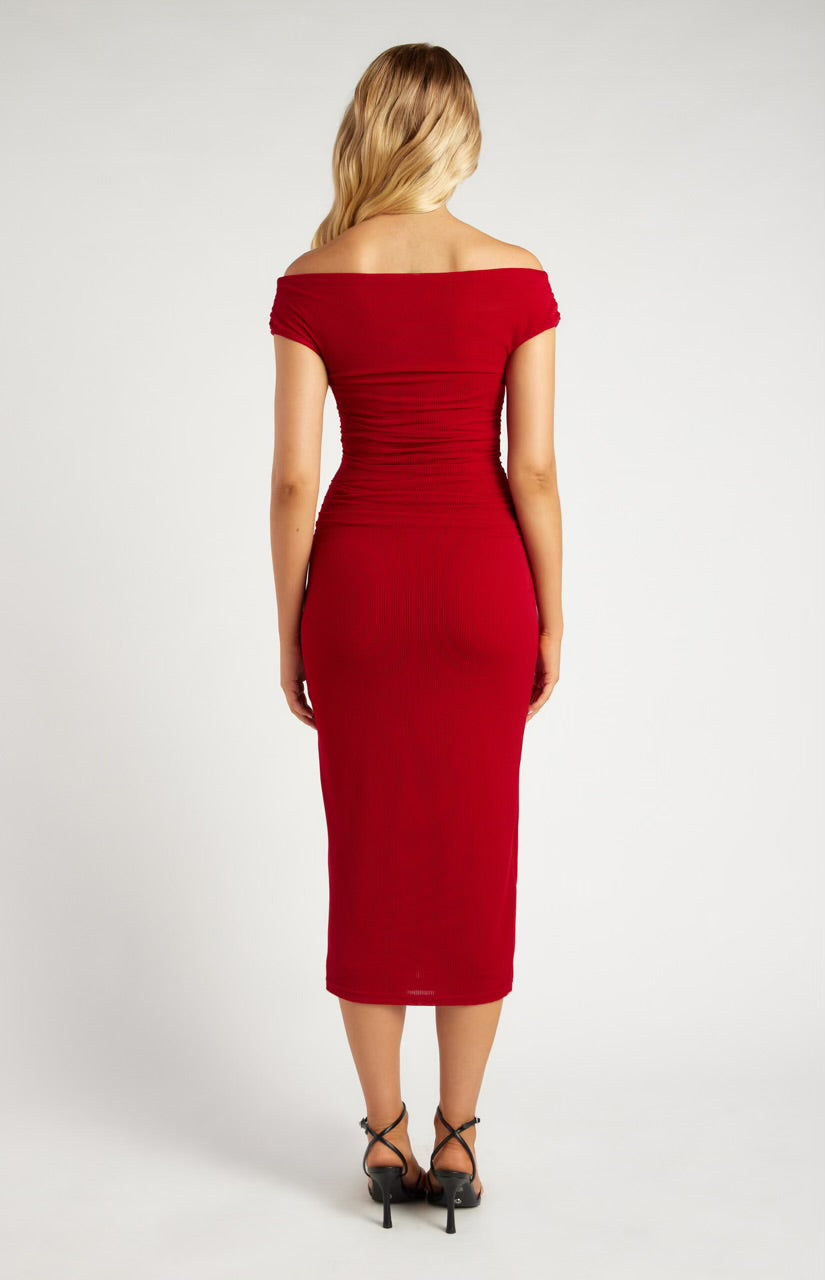 Red Velvet Mesh Fabric Midi Dress