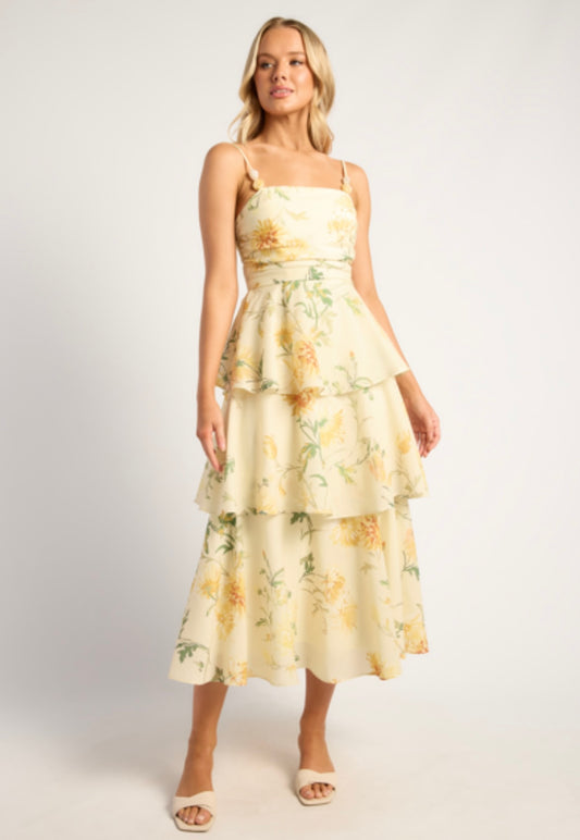 Wispy Florals Tiered Hem Midi Dress